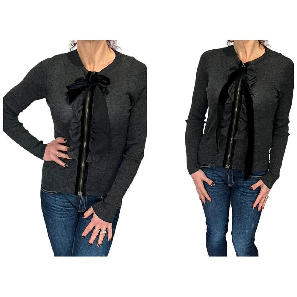 Lanvin River 2003 Gray Wool Silk Ruffle Zip Front Velvet Bow Cardigan Sweater S